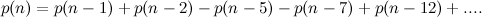 \[ p(n) = p(n - 1) + p(n - 2) - p(n - 5) - p(n - 7) + p(n - 12) + ... . \]
