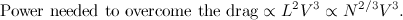\[  \mbox{Power needed to overcome the drag} \propto L^2V^3 \propto N^{2/3}V^3.  \]