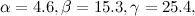 \[ \alpha = 4.6, \beta = 15.3, \gamma = 25.4, \]