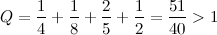 \[  Q=\frac{1}{4}+\frac{1}{8}+\frac{2}{5}+\frac{1}{2}=\frac{51}{40}>1  \]