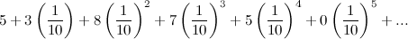 \[ 5+3\left(\frac{1}{10}\right)+8\left(\frac{1}{10}\right)^2+7\left(\frac{1}{10}\right)^3+5\left(\frac{1}{10}\right)^4+0\left(\frac{1}{10}\right)^5+... \]