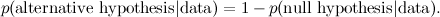\[ p( \hbox{alternative hypothesis} | \hbox{data} )= 1-p( \hbox{null hypothesis} | \hbox{data} ). \]