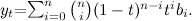 $\displaystyle y_ t $=$ \sum _{i=0}^ n { n \choose i} (1-t)^{n-i} t^ i b_ i. $
