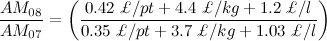 \[ \frac{AM_{08}}{AM_{07}}= \left( \frac{0.42 \;  \pounds / pt + 4.4 \;  \pounds /kg + 1.2 \;  \pounds /l}{0.35 \;  \pounds /pt + 3.7 \;  \pounds /kg + 1.03 \;  \pounds /l}\right) \]