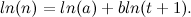\[ ln(n) = ln(a) + bln (t+1). \]