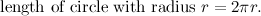 \[  \mbox{ length of circle with radius }r = 2\pi r.  \]