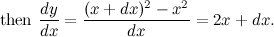 \[  \textrm{then } \frac{dy}{dx}= \frac{(x+dx)^{2}-x^{2}}{dx}=2x+dx. \]