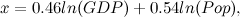 \[ x = 0.46ln(GDP) + 0.54 ln(Pop), \]