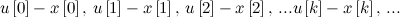 \[  u\left[0\right]-x\left[0\right],\, u\left[1\right]-x\left[1\right],\, u\left[2\right]-x\left[2\right],\, ... u\left[k\right]-x\left[k\right],\,  ...  \]