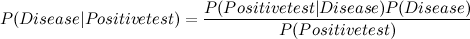 \[  P(Disease | Positive test) = \frac{P(Positive test | Disease) P(Disease)}{P(Positive test)}  \]