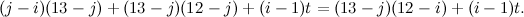 \[ (j- i)(13 - j) + (13- j)(12 - j) + (i - 1)t = (13 - j)(12- i) + (i- 1)t. \]