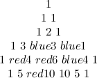\[  \begin{array}{c} 1 \\ 1\  1 \\ 1 \  2 \  1 \\ 1 \  3 \  {\color {blue} 3} \  {\color {blue} 1} \\ 1 \  {\color {red} 4} \  {\color {red}6 } \  {\color {blue} 4} \  1 \\ 1 \  5 \  {\color {red} 10} \  10 \  5 \  1 \\ \end{array}  \]
