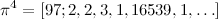 \begin{equation}  \pi ^4=[97;2,2,3,1,16539,1,\ldots ] \label{D4} \end{equation}