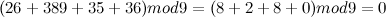 \[  (26 + 389 + 35 + 36) mod 9 = (8 + 2 + 8 + 0) mod 9 = 0  \]