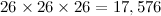 \[ 26 \times 26 \times 26 = 17,576 \]