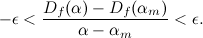 \begin{equation}  -\epsilon <\frac{D_ f(\alpha )-D_ f(\alpha _ m)}{\alpha -\alpha _ m}<\epsilon .\end{equation}