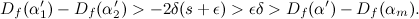 \[ D_ f(\alpha ^\prime _1)-D_ f(\alpha ^\prime _2)>-2\delta (s+\epsilon )>\epsilon \delta >D_ f(\alpha ^\prime )-D_ f(\alpha _ m). \]