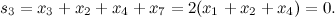 \[  s_3 = x_3 + x_2 + x_4 + x_7 = 2(x_1 + x_2 + x_4) = 0.  \]