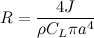 \[  R = \frac{4J}{\rho C_ L\pi a^4}  \]