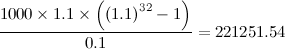 \[  \frac{1000\times 1.1\times \left( \left(1.1\right)^{32}-1\right)}{0.1}=221251.54  \]