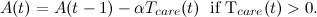 \[ A(t)=A(t-1)-\alpha T_{care}(t) \; \;  \mbox{if T_{care}(t)>0}. \]