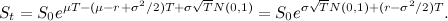 \[  S_{t} = S_{0} e^{ \mu T -(\mu - r + \sigma ^{2}/2)T + \sigma \sqrt {T} N(0,1) } = S_{0} e^{ \sigma \sqrt {T} N(0,1) + (r-\sigma ^{2}/2)T }. \]