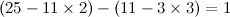 \[ (25 - 11 \times 2) - (11 - 3 \times 3) = 1 \]