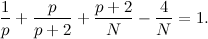 \[  \frac{1}{p}+\frac{p}{p+2}+\frac{p+2}{N}-\frac{4}{N}=1.  \]