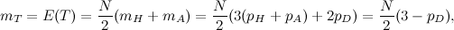 \[ m_ T=E(T)=\frac{N}{2}(m_ H+m_ A)=\frac{N}{2}(3(p_ H+p_ A)+2p_ D)=\frac{N}{2}(3-p_ D), \]