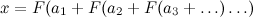 \begin{equation} x=F(a_1+F(a_2+F(a_3+\ldots )\ldots ) \end{equation}
