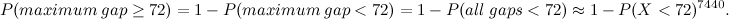 \[  P(maximum\;  gap \geq 72) = 1-P(maximum\;  gap < 72) = 1-P(all \;  gaps < 72) \approx 1-P(X<72)^{7440}. \]