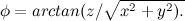 \[ \phi =arctan(z/\sqrt {x^2+y^2).} \]
