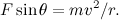 \[ F\sin {\theta } = m v^2 /r. \]