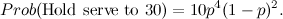 \[ Prob(\mbox{Hold serve to 30})=10p^4(1-p)^2. \]