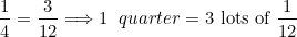 \[  \frac{1}{4} = \frac{3}{12} \Longrightarrow \text {1 \; \;  quarter} = 3 \mbox{ lots of } \frac{1}{12}  \]