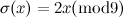 $\sigma (x) = 2x (\mbox{mod} 9)$