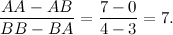 \[ \frac{AA-AB}{BB-BA}=\frac{7-0}{4-3}=7. \]