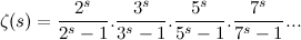 \[  \zeta (s) = \frac{2^ s}{2^ s-1}.\frac{3^ s}{3^ s-1}.\frac{5^ s}{5^ s-1}.\frac{7^ s}{7^ s-1}...  \]