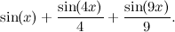 $\displaystyle  \sin (x)+\frac{\sin (4x)}{4} + \frac{\sin (9x)}{9}.  $