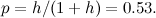 \[ p=h/(1+h)=0.53. \]