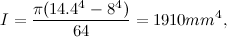 \[ I = \frac{\pi (14.4^4-8^4)}{64}=1910mm^4, \]