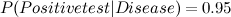 \[  P(Positive test | Disease) = 0.95  \]