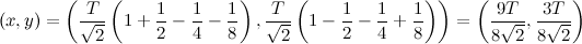 \[ (x,y)=\left(\frac{T}{\sqrt {2}}\left(1+\frac{1}{2}-\frac{1}{4}-\frac{1}{8}\right),\frac{T}{\sqrt {2}}\left(1-\frac{1}{2}-\frac{1}{4}+\frac{1}{8}\right)\right)=\left(\frac{9T}{8\sqrt {2}},\frac{3T}{8\sqrt {2}}\right) \]