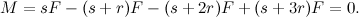 \[ M = sF-(s+r)F-(s+2r)F+(s+3r)F = 0. \]