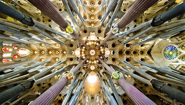 Detail of the ceiling of the nave of the Sagrada Familia in Barcelona