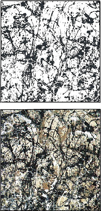 Fig. 4: A comparison of (left) the black anchor layer and (right) the complete pattern consisting of four layers (black, brown, white and grey on a beige canvas) for the painting 'Autumn Rhythm: Number 30' (2.66m by 5.30m) painted in 1950. The complete pattern occupies 47% of the canvas surface area. The anchor layer occupies 32%.