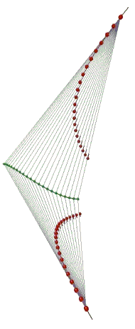 Trajectory: Two motion camouflaging hunters (red dots) converging on the same prey (middle green dots).