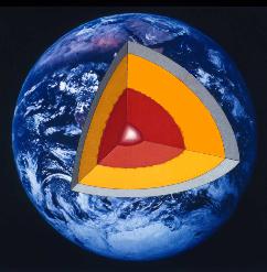 A cutaway, showing Earth's lower and upper mantle in yellow and light blue.