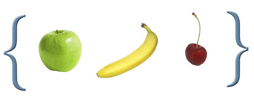 A set containing an apple, a banana and a cherry.