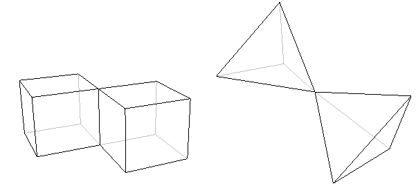 Figure 4: These objects are not polyhedra because they are made up of two separate parts meeting only in an edge (on the left) or a vertex (on the right).